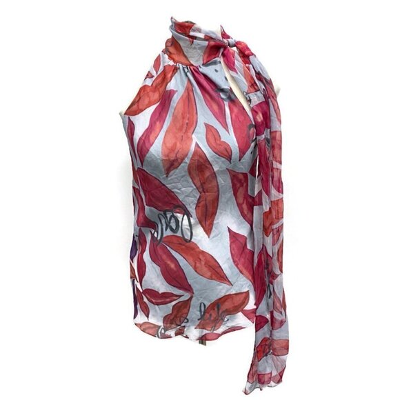 Diane Von Furstenberg Grey w/Red Silk One Arm Top - Picture 1 of 4